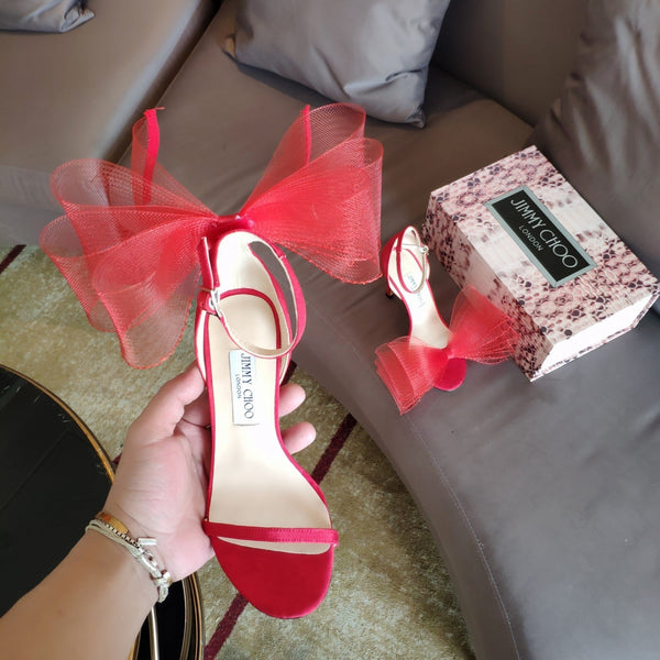 Jimmy Choo 100mm Bow Sandal Red Mesh Cowhide