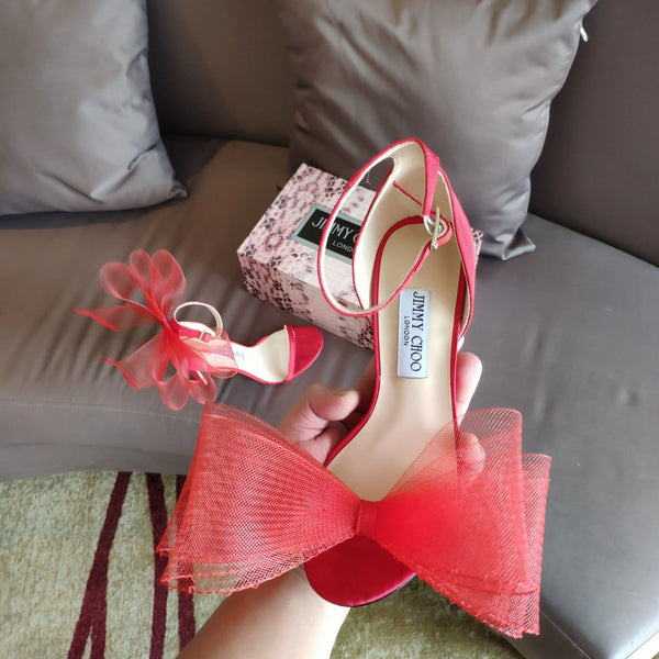 Jimmy Choo 100mm Bow Sandal Red Mesh Cowhide