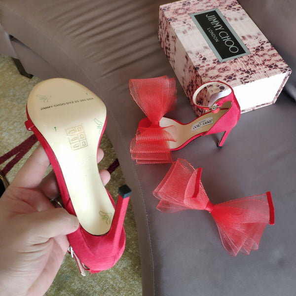 Jimmy Choo 100mm Bow Sandal Red Mesh Cowhide