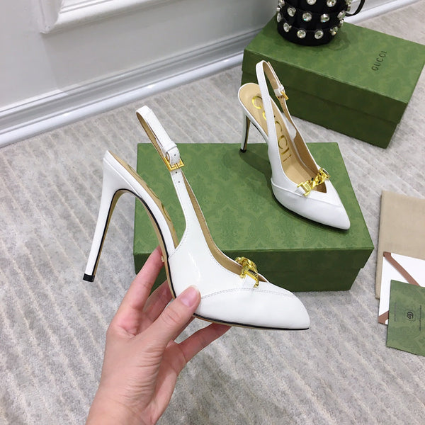 GG SLINGBACK CON TACCO ALTO IN PELLE DI VITELLO BIANCA CON CATENA