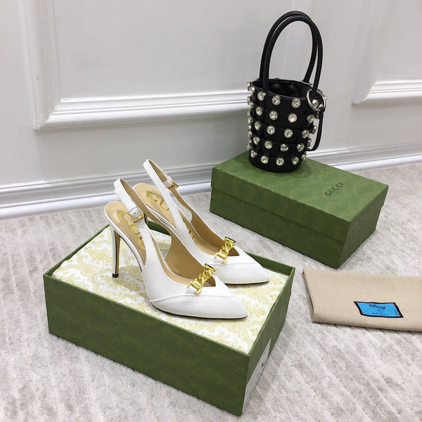 GG SLINGBACK CON TACCO ALTO IN PELLE DI VITELLO BIANCA CON CATENA