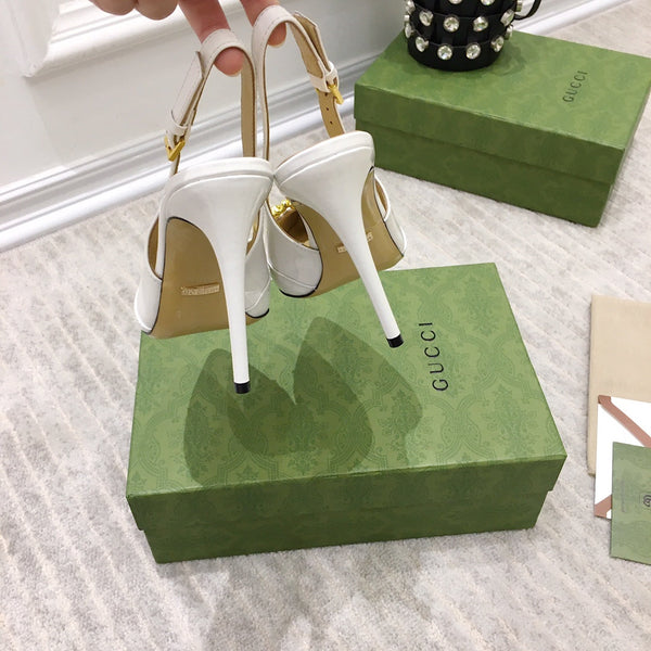 GG SLINGBACK CON TACCO ALTO IN PELLE DI VITELLO BIANCA CON CATENA