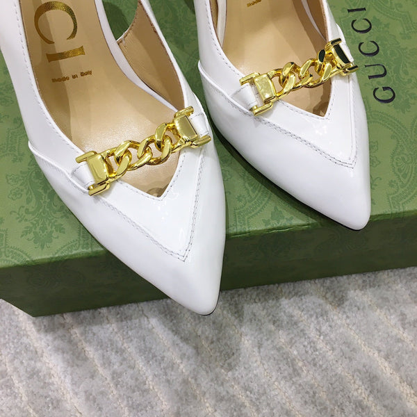 GG SLINGBACK CON TACCO ALTO IN PELLE DI VITELLO BIANCA CON CATENA