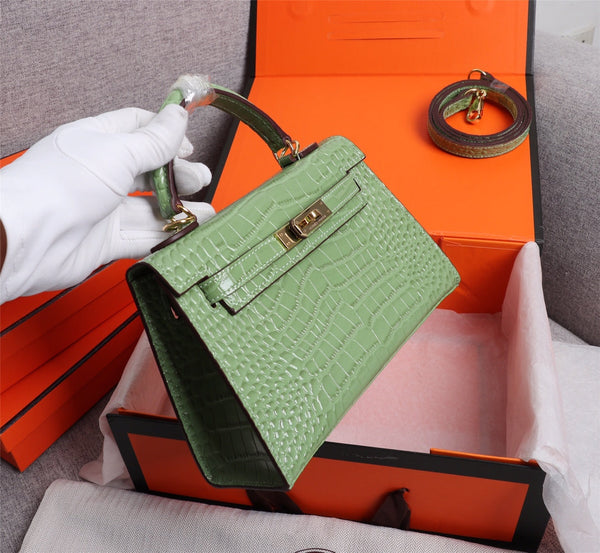 HM KELLY MINI 19 PICKLE CROCODILE EMBOSSED CALFSKIN GOLD HARDWARE