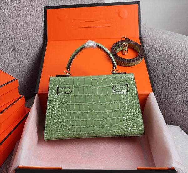 HM KELLY MINI 19 PICKLE CROCODILE EMBOSSED CALFSKIN GOLD HARDWARE