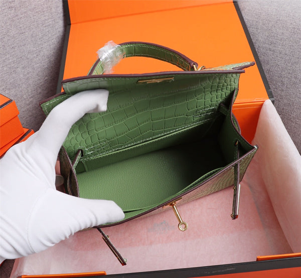 HM KELLY MINI 19 PICKLE CROCODILE EMBOSSED CALFSKIN GOLD HARDWARE