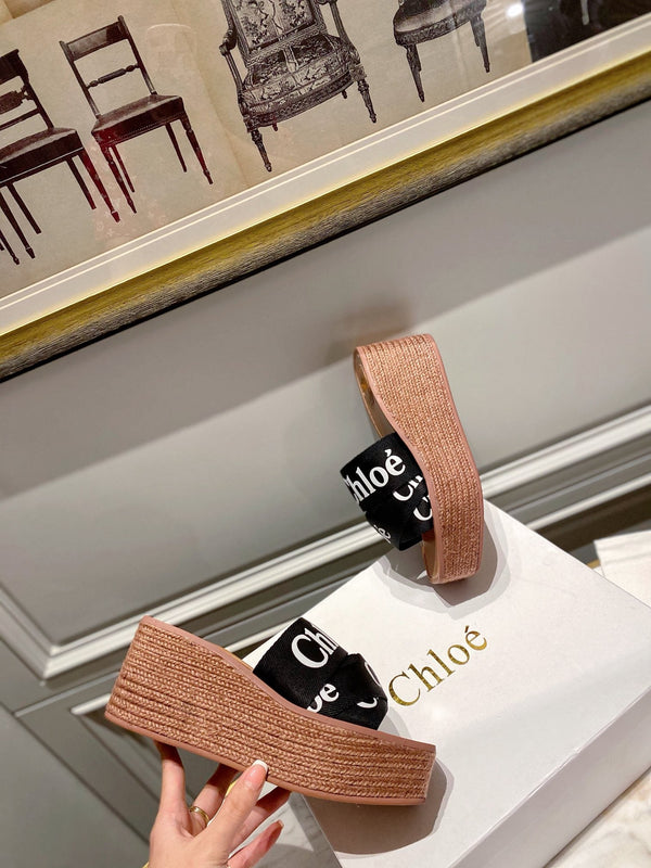 CHLOÉ WOODY WEDGE IN BLACK DENIM WITH WHITE LOGO
