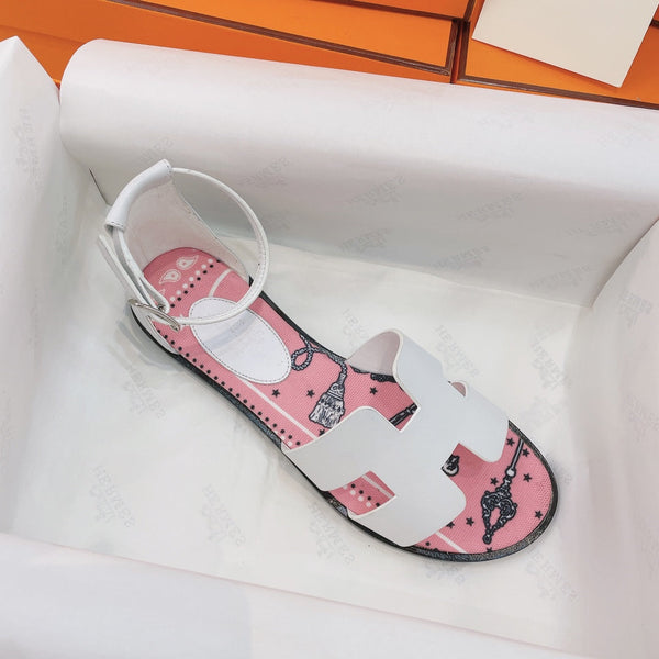 HM Flat Sandals White Pink Cowhide 348049
