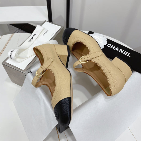 CC MARY JANE BLOCK HEEL BEIGE CREAM SHEEPSKIN