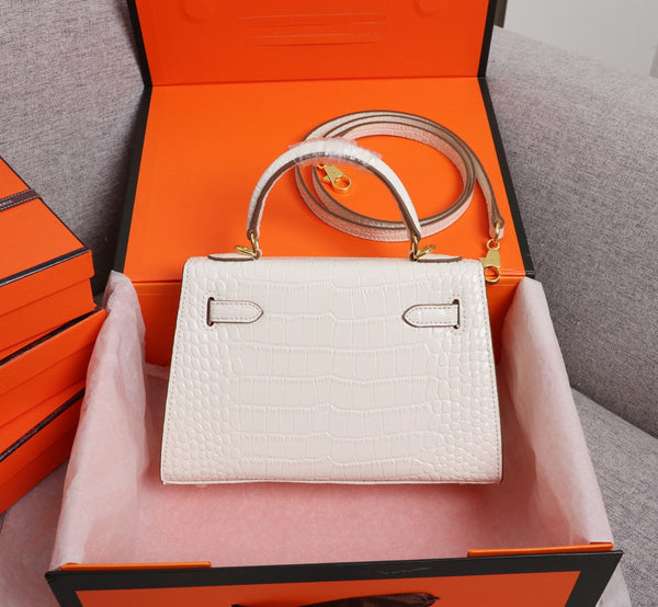 HM KELLY MINI 22 WHITE CROCODILE EMBOSSED CALFSKIN GOLD HARDWARE