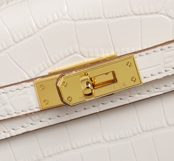 HM KELLY MINI 19 WHITE CROCODILE EMBOSSED CALFSKIN GOLD HARDWARE