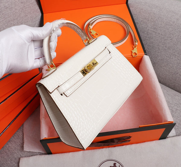 HM KELLY MINI 22 WHITE CROCODILE EMBOSSED CALFSKIN GOLD HARDWARE
