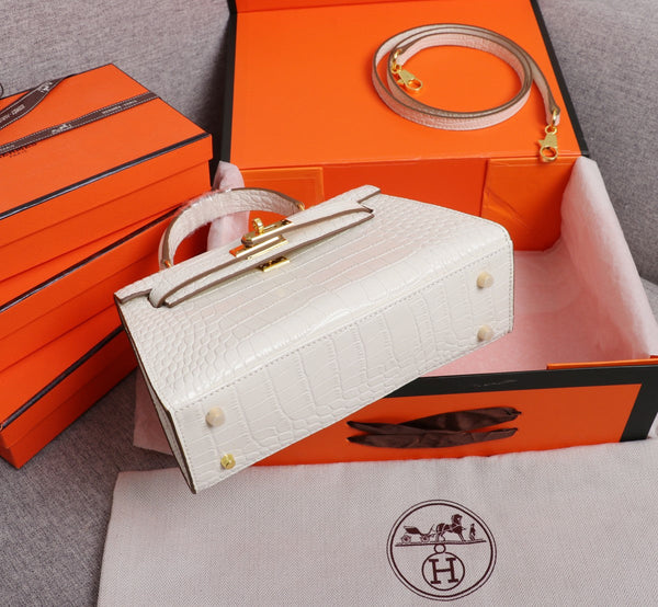 HM KELLY MINI 19 WHITE CROCODILE EMBOSSED CALFSKIN GOLD HARDWARE