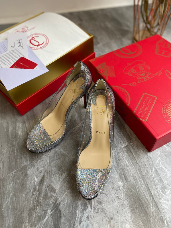 CL Very Strass Peep Toe Pumps 120mm PVC and Glitter Silver