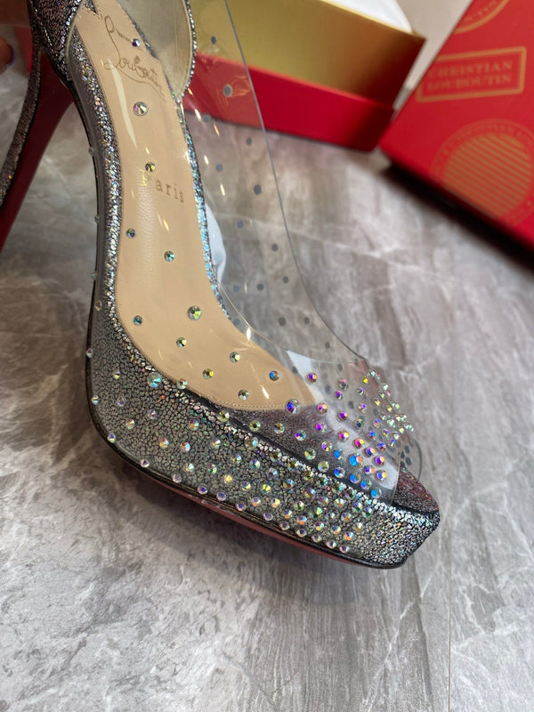 CL Very Strass Peep Toe Pumps 120mm PVC and Glitter Silver