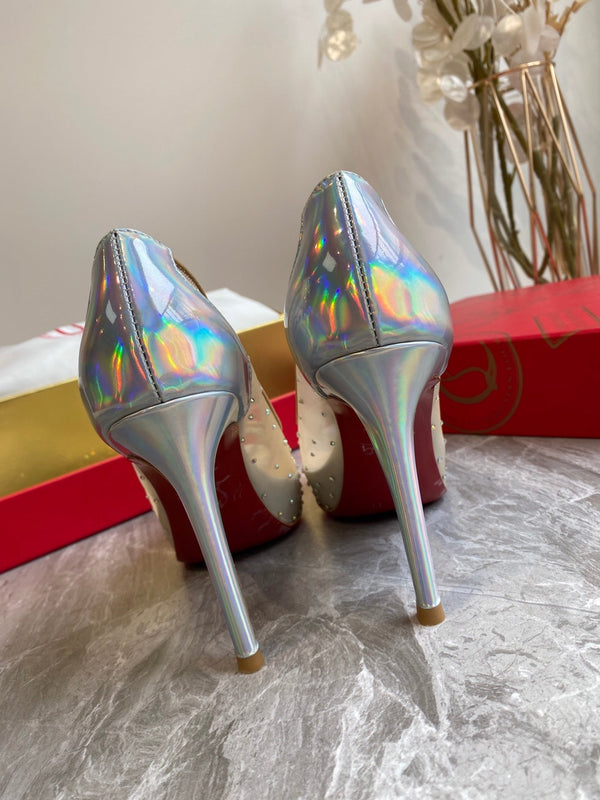 CL Very Strass Peep Toe Pumps 120mm Mesh and Leather Silver