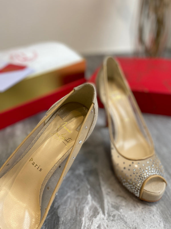 CL Very Strass Peep Toe Pumps 120mm Mesh and Leather Gold