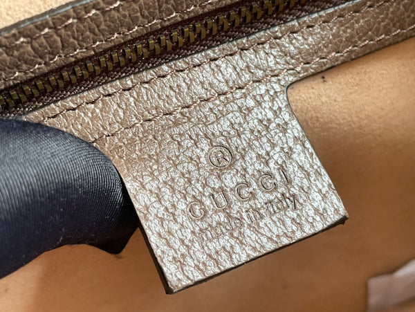 BORSA A MANO GG MINI 25 IN TELA BEIGE E PELLE DI VITELLO MARRONE