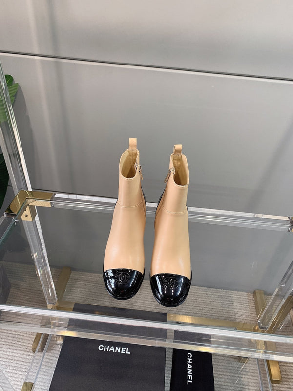 CC Block Heel Ankle Boots 60mm Black Beige Patent Leather Sheeepskin 464555