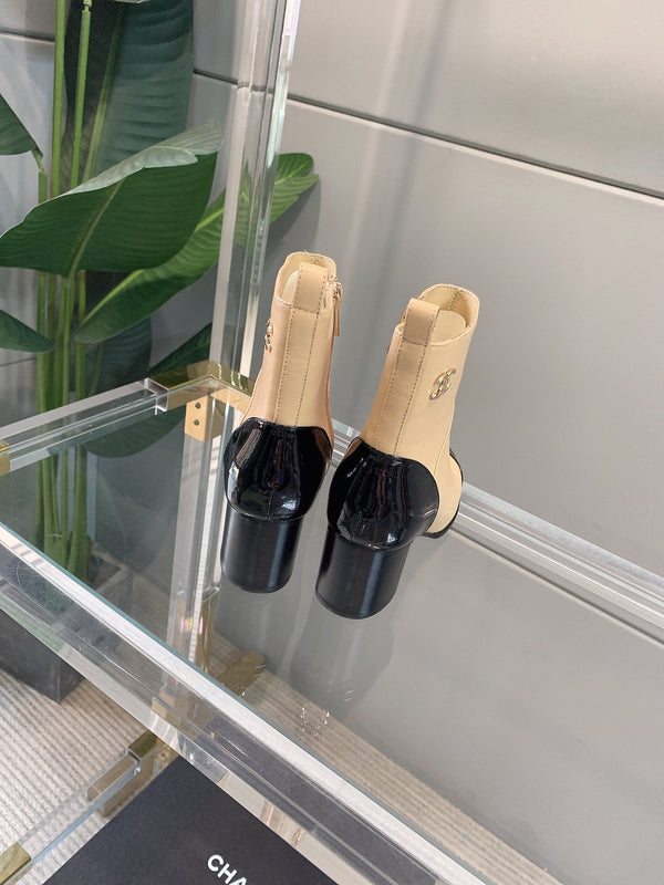 CC Block Heel Ankle Boots 60mm Black Beige Patent Leather Sheeepskin 464555