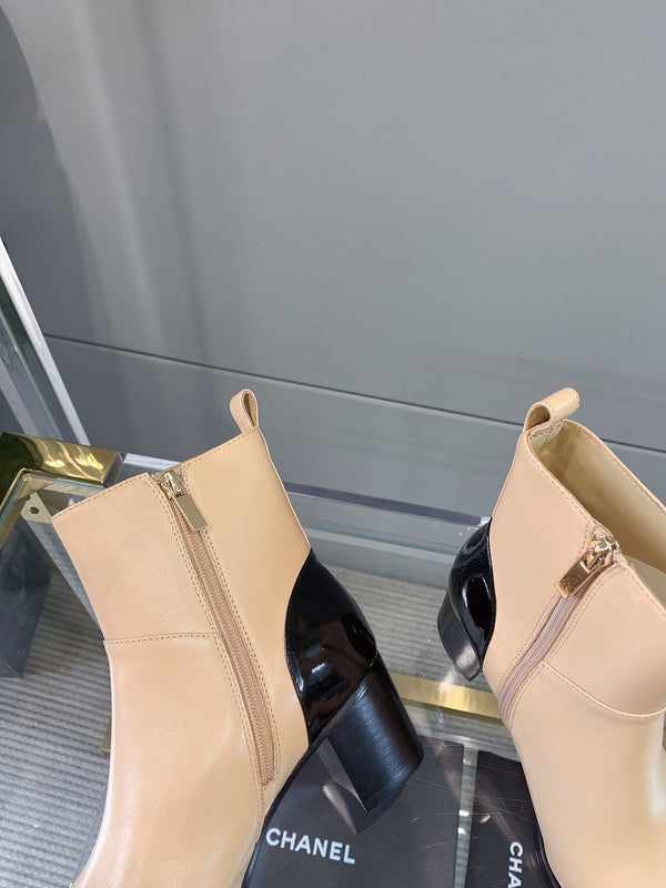 CC Block Heel Ankle Boots 60mm Black Beige Patent Leather Sheeepskin 464555