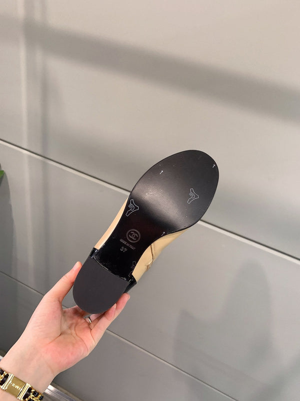 CC Block Heel Ankle Boots 60mm Black Beige Patent Leather Sheeepskin 464555