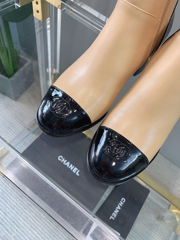 CC Block Heel Ankle Boots 60mm Black Beige Patent Leather Sheeepskin 464555