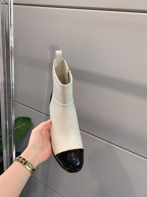 CC Block Heel Ankle Boots 60mm Black White Patent Leather Sheeepskin 464556