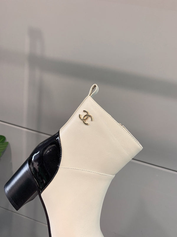 CC Block Heel Ankle Boots 60mm Black White Patent Leather Sheeepskin 464556