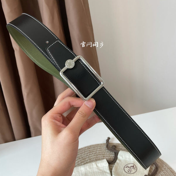 FIBBIA PER CINTURA OSCAR E CINTURINO REVERSIBILE IN PELLE VERDE OLIVA E NERA 38 MM FERRAMENTA ARGENTO