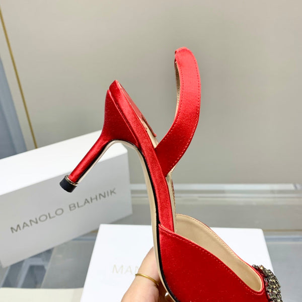 Manolo Buckle Slingback 7cm Red Silk 208030