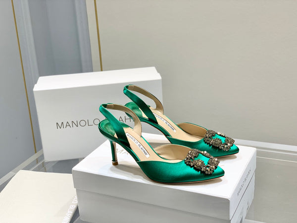 Manolo Buckle Slingback 7cm Green Silk 208029