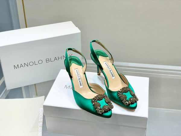 Manolo Buckle Slingback 7cm Green Silk 208029