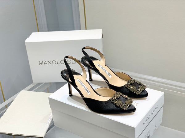Manolo Buckle Slingback 7cm Black Silk 208027