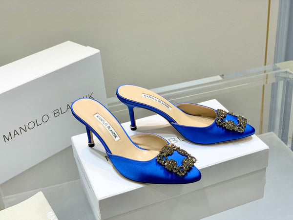 Manolo Buckle Mules 7cm Navy Blue Silk 208020