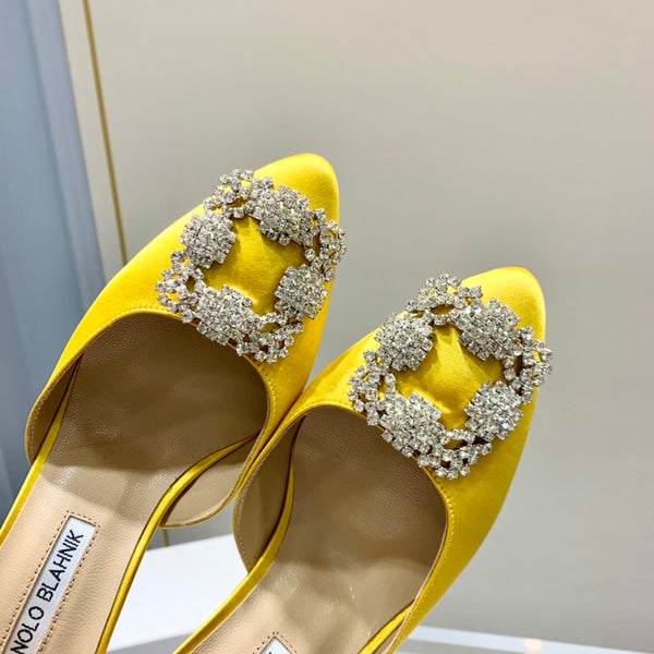 Manolo Buckle Mules 7cm Yellow Silk 208021