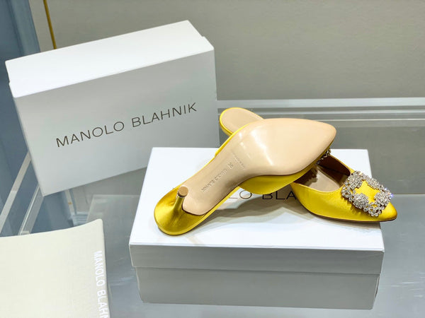 Manolo Buckle Mules 7cm Yellow Silk 208021