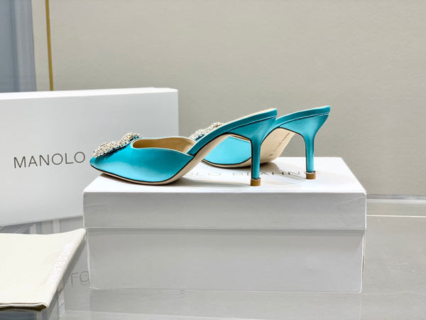 Manolo Buckle Mules 7cm Eletric Blue Silk 208017