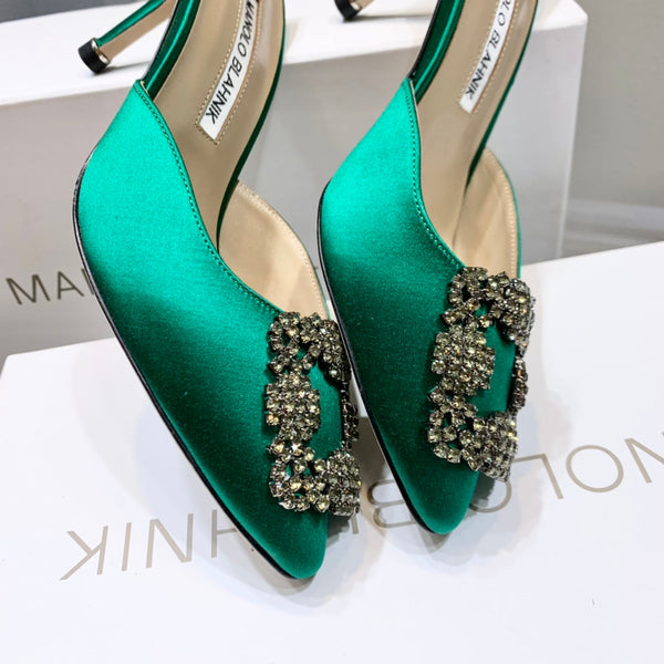 Manolo Buckle Mules 7cm Green Silk 208016