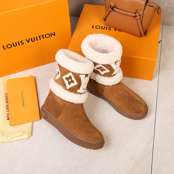 LV Snowdrop Line Ankle Boots Brown White Suede Wool 454719