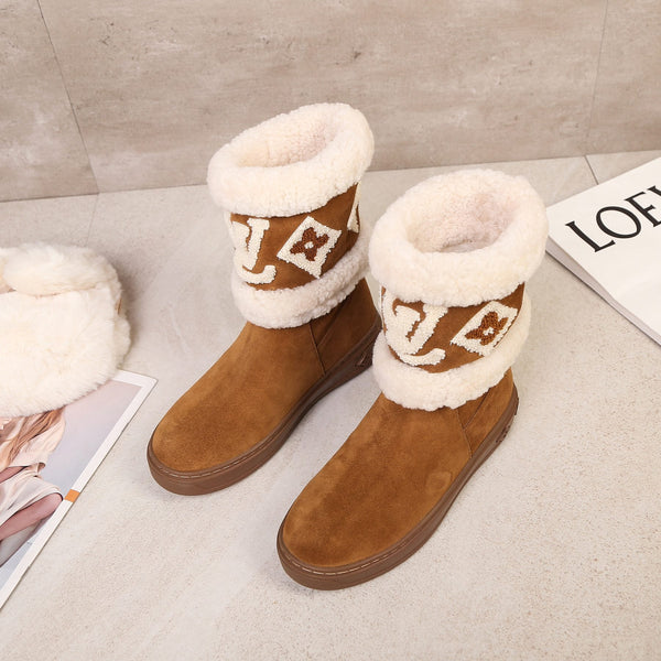 LV Snowdrop Line Ankle Boots Brown White Suede Wool 454719