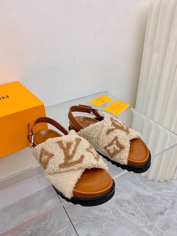 LV Paseo Flat Comfort Sandal Beige Brown Fleece