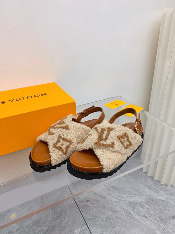 LV Paseo Flat Comfort Sandal Beige Brown Fleece