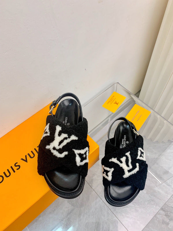 LV Paseo Flat Comfort Sandal Black White Fleece