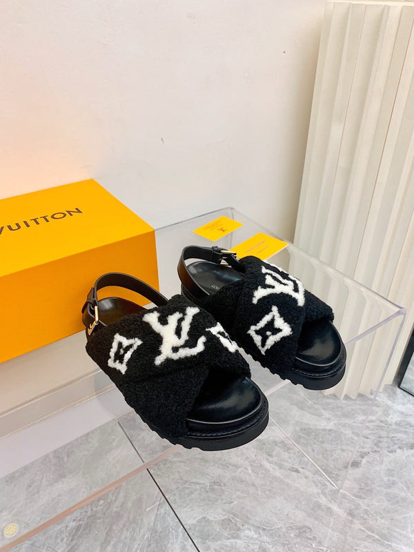 LV Paseo Flat Comfort Sandal Black White Fleece