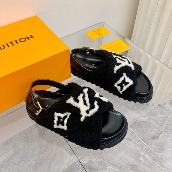 LV Paseo Flat Comfort Sandal Black White Fleece