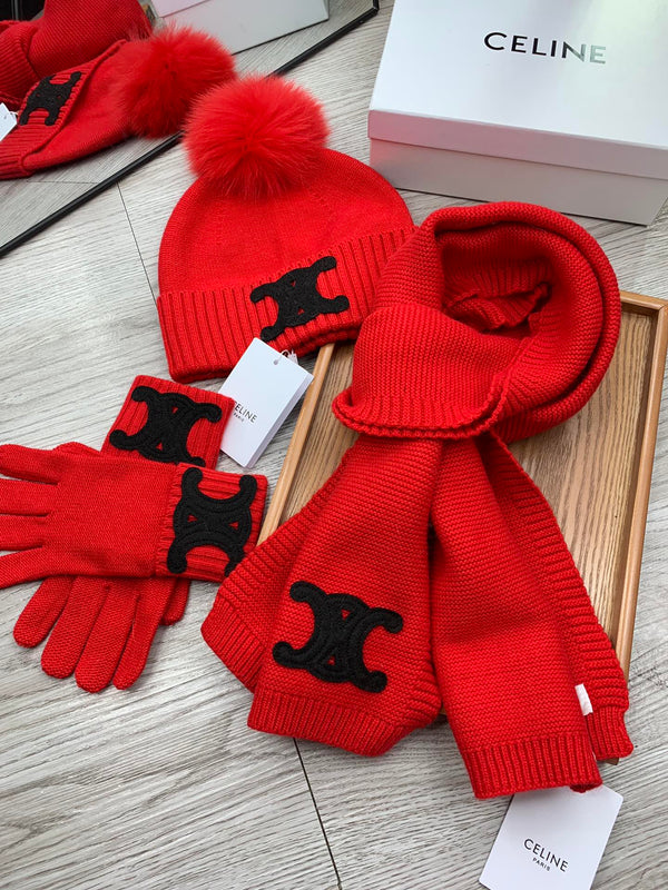 CE Hat Scarf Gloves Set Red Knit Fur 475093
