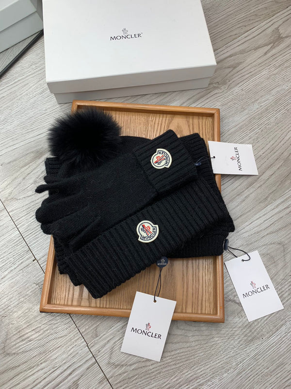 Moncler Hat Scarf Gloves Set Black Knit Fur 475098
