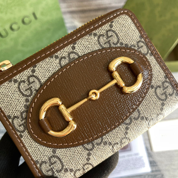 PORTAFOGLIO GG HORSEBIT 1955 MINI 11 IN TELA BEIGE ED EBANO