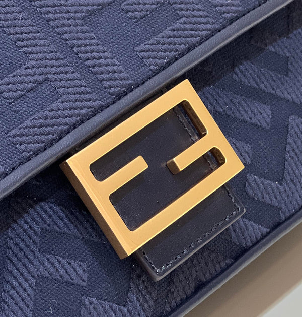 BAGUETTE WITH FF MOTIF 27 IN NAVY BLUE JACQUARD FABRIC GOLD HARDWARE
